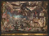 attributet to Friedrich Brentel, The Temptation of St. Anthony (after Jacques Callot), gouache on parchment on panel