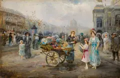 Emil Barbarini, Flower seller in front of the Vienna State Opera, oil on panel