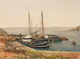 Thomas Ender, Harbour with boats, watercolour on paper