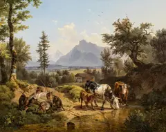 Friedrich Gauermann, Cattle at the water trough with view towards the Untersberg and the Watzmann, 1830, oil on canvas