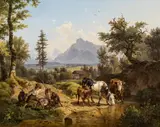 Friedrich Gauermann, Cattle at the water trough with view towards the Untersberg and the Watzmann