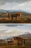 Wilhelm von Kobell, Counterparts: Farmer's wife with a boy and two horses in front of a mountainscape; horses with cart near Rottach-Egern