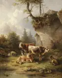 Edmund Mahlknecht, Cows, goats and sheep by a brook, oil on panel