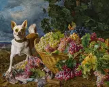 Ferdinand Georg Waldmüller, A dog guards grapes in a basket, in the background a view of the Church of Heiligenstadt and the Danube