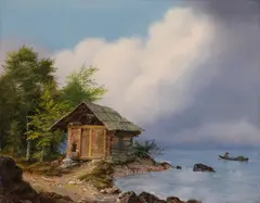Fisherman's cottage at Maria Loretto on the Wörthersee by Markus Pernhart, oil on canvas, sold Oct 2016