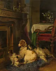 Matthias Ranftl, Three dogs in front of a fireplace, 1846, oil on panel
