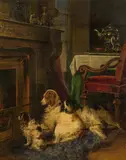 Matthias Ranftl, Three dogs in front of a fireplace, 1846, oil on panel