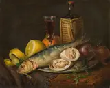 Josef Lauer, Still life with fish and oysters, oil on canvas
