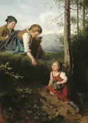 Three children picking berries in the forest by Felix Schlesinger, oil on panel, offered Oct 2016