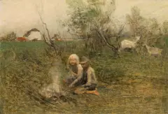 Franz Rumpler, The little shepherds at a camp fire, oil on panel