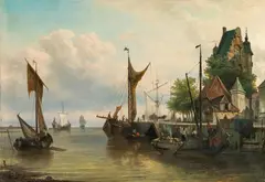 Elias van Bommel, Sailing ships in the harbour, 1883, oil on canvas, unframed