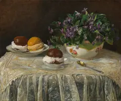 Franz von Matsch, Still life with Viola and sweets, oil on canvas