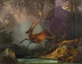 attributet to Friedrich Gauermann, Jumping stag, c. 1832, oil on panel