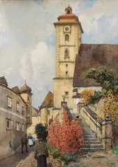 Fritz Lach, Church in Grein on the Danube, 1915, watercolour, gouache on cardboard