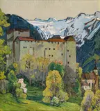 Helene Funke, Kaprun castle with Kitzsteinhorn, oil on cardboard