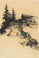 Oskar Mulley, Mountain pasture, 1942, charcoal on paper