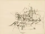 Herbert Boeckl, Oswaldi church on Erzberg, charcoal on paper