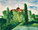 Wilhelm Thöny, Castle behind trees, watercolour on paper