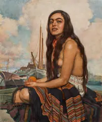 Albert Janesch, Young girl in a harbour, 1955, oil on panel