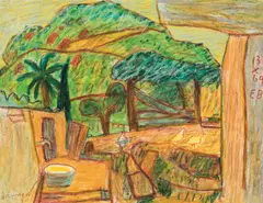 View on the mountains behind the Laboratorio by Eduard Bäumer, 1969, mixed media on paper, offered Jun 2016