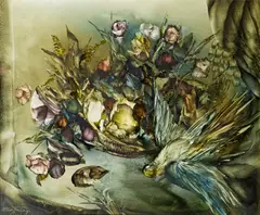 Vladimir Bougrine, Stilleben mit Blumenkorb" (Still life with flower basket), 1983, oil on canvas; framed