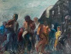 Straße mit Laufenden (Street with running humans) by Georg Eisler, 1969, oil on canvas; framed, sold Jun 2016