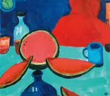 Robert Hammerstiel, Frau mit aufgeschnittener Wassermelone" (Woman with sliced Watermelon)