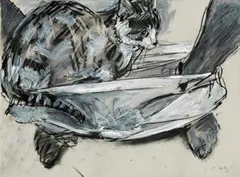 Cat by Cornelius Kolig, 2000, mixed media on paper; framed, sold Jun 2016