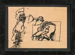 Figurine and window by Jürgen Messensee, 1971, ink on paper; framed, sold Jun 2016