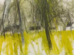Gottfried Salzmann, Landscape perspective, mixed media on canvas; framed