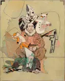 Peter Sengl, Eisiges Clowntrio" (Icy Clowntrio), 1984, oil on canvas; framed