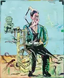 Peter Sengl, Mexican.Haarabschneidesitz (Kniespitzsitz), 1994, oil on canvas; framed