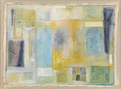 Hans Bischoffshausen, Das schöne Haus" (The Beautiful House), 1955, oil and putty on canvas on hardboard; framed