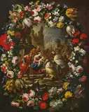 Nicola Vaccaro, Flower cartouche with the Adoration of the Magi, oil on canvas