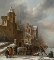 Klaes Molenaer, Ice skaters with a city in the background, oil on panel, parqueted