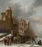 Klaes Molenaer, Ice skaters with a city in the background, oil on panel, parqueted
