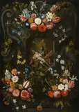 Jan Philip van Thielen, Flower cartouche with the lamentation of Christ, oil on canvas