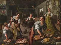 Dirck de Vries, Kitchen interior, oil on canvas