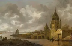 Wouter Knijff, Fortified town by a river, oil on panel, parqueted