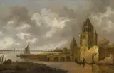 Wouter Knijff, Fortified town by a river, oil on panel, parqueted