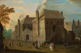 Road scene with a town in the background by circle of Norbert Joseph Karl Grund, oil on panel, offered Apr 2016