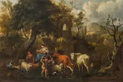 Michiel Carree, Arcadian landscape with cattle, sheep and goats in front of antique ruins, oil on canvas