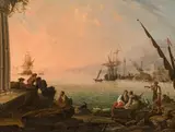 Mediterranean harbour scene by circle of Claude-Joseph Vernet, oil on canvas, sold Apr 2016