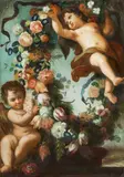 Flower garland with two putti by follower of Franz Werner Von Tamm, oil on canvas, unframed, sold Apr 2016