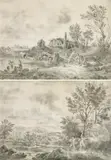 Landscape with Apollo and Daphne" & "Landscape with travellers" (2 pieces) by attributet to Christian Hilfgott Brand, pencil on paper, sold Apr 2016