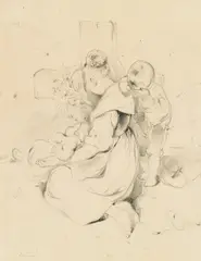 Peter Fendi, Mother with two children, pencil on paper