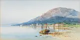 Angelos Giallinas, Coastal town on Corfu, watercolour on paper