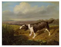 Ferdinand Georg Waldmüller, Hunting dog of Count Esterházy, standing near a pond, 1823, oil on panel