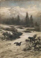 Franz Xaver von Pausinger, Courtin capercaillie cock in winter, pastel on paper on canvas