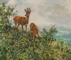 Erich Dichtl, Landscape in spring with gazing deer, oil on canvas